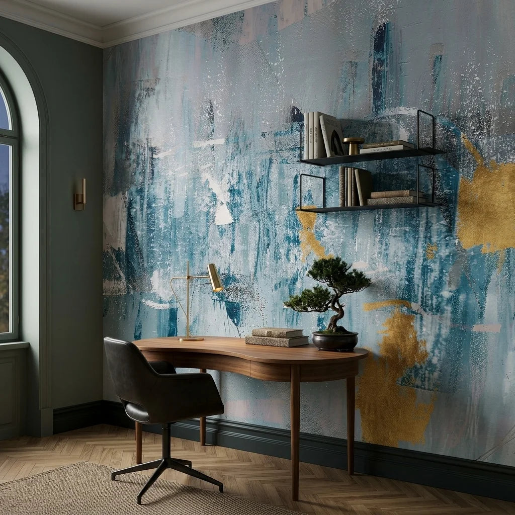 Golden Mist blue and gold abstract wallpaper adding character to a cozy bedroom