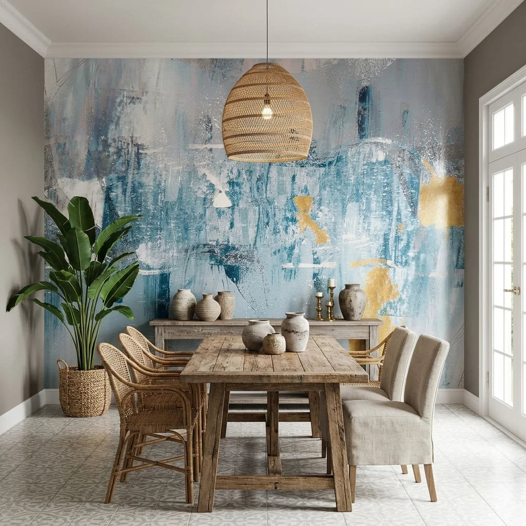 Golden Mist blue and gold abstract wallpaper as a feature wall in a bright home office