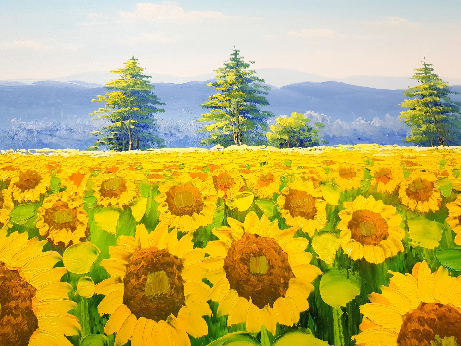 Golden Noon yellow sunflower field landscape wallpaper creating ambiance in a serene bathroom