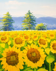 Golden Noon yellow sunflower field landscape wallpaper creating ambiance in a serene bathroom