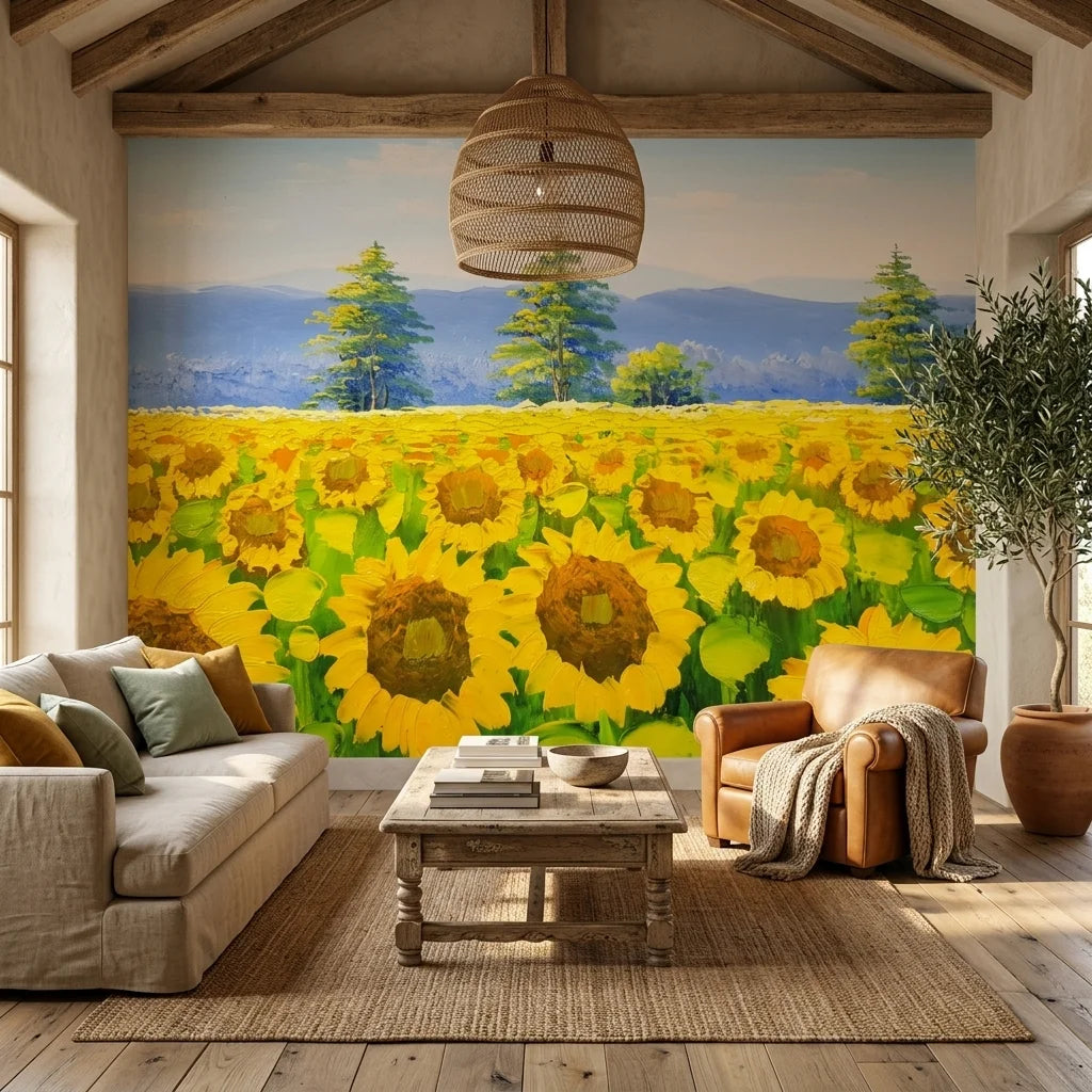 Canvas-like yellow sunflower field landscape peel and stick wallpaper - Golden Noon