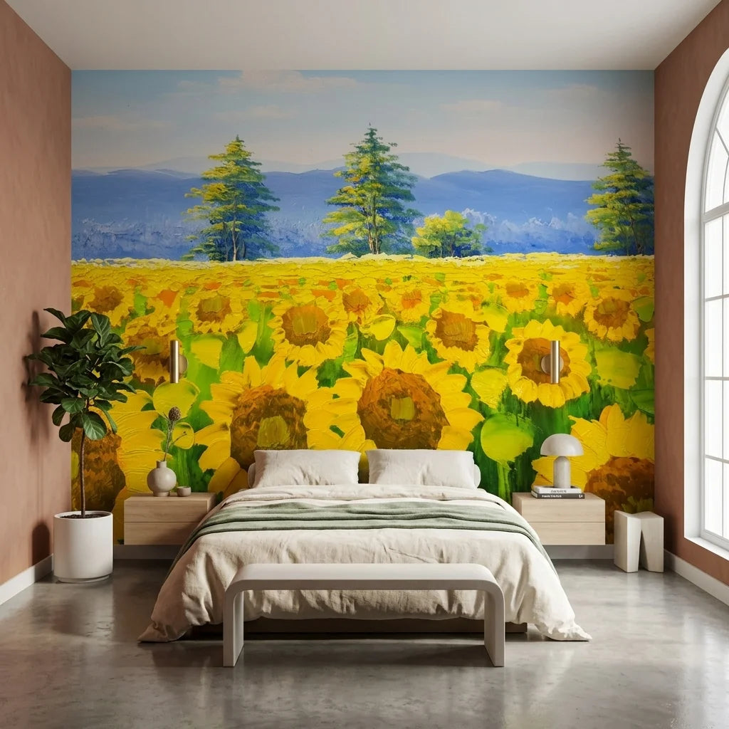 Golden Noon yellow sunflower field landscape wallpaper in a warm and inviting living room