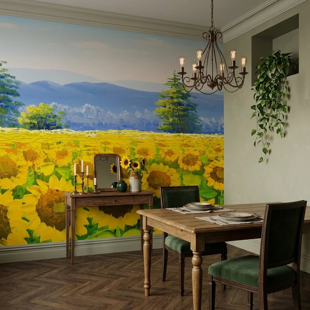 Golden Noon yellow sunflower field landscape wallpaper adding character to a cozy bedroom