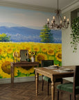 Golden Noon yellow sunflower field landscape wallpaper adding character to a cozy bedroom