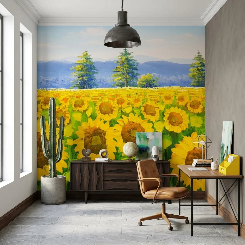 Golden Noon yellow sunflower field landscape wallpaper as a feature wall in a bright home office