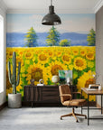 Golden Noon yellow sunflower field landscape wallpaper as a feature wall in a bright home office