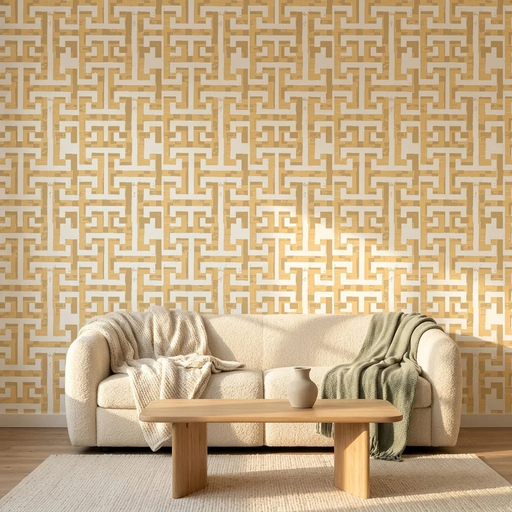 Golden Path geometric taupe peel and stick wallpaper in a warm and inviting living room