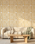 Golden Path geometric taupe peel and stick wallpaper in a warm and inviting living room