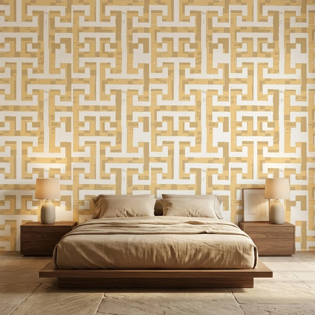 Golden Path geometric taupe peel and stick wallpaper adding character to a cozy bedroom