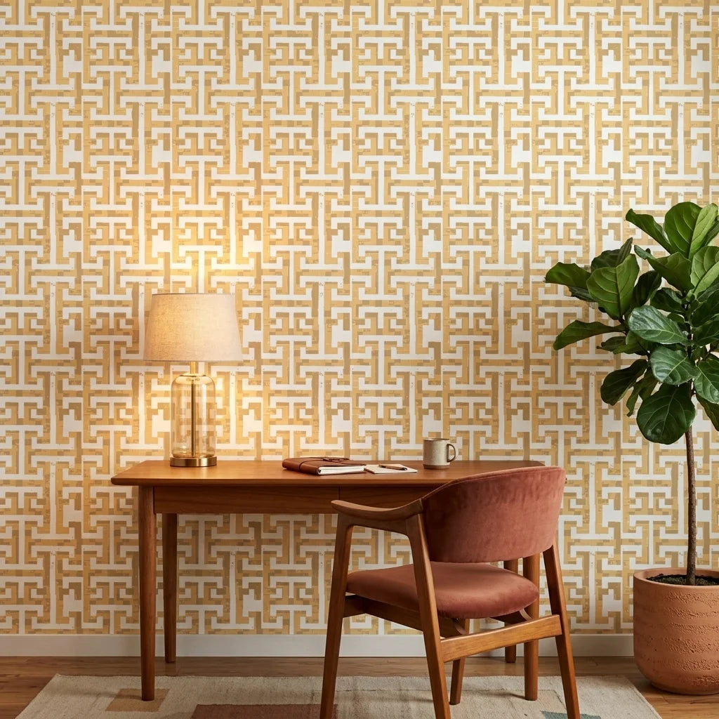 Golden Path geometric taupe peel and stick wallpaper as a feature wall in a bright home office