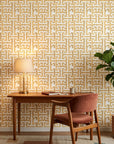 Golden Path geometric taupe peel and stick wallpaper as a feature wall in a bright home office