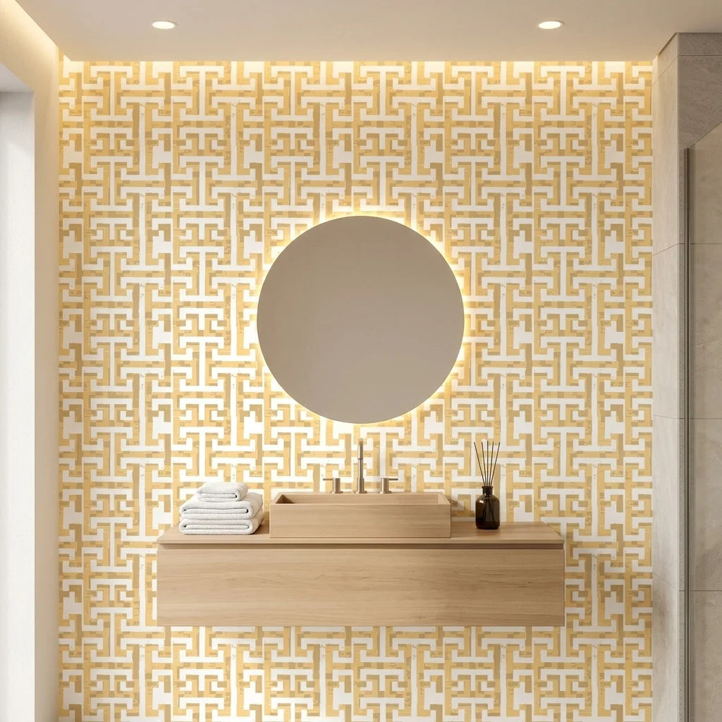 Golden Path geometric taupe peel and stick wallpaper creating ambiance in a serene bathroom