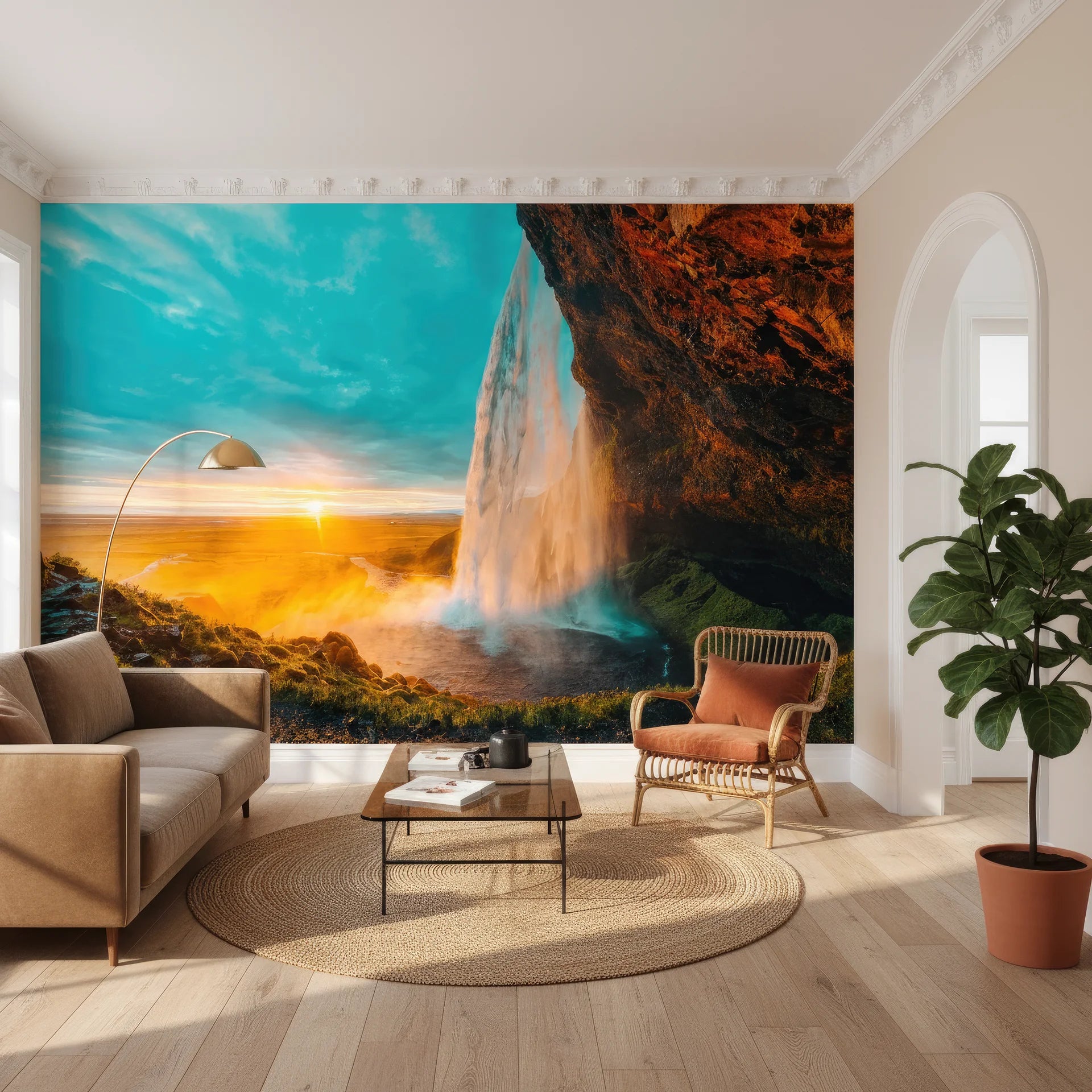 Golden light pouring down landscape creating luminous effect removable wallpaper