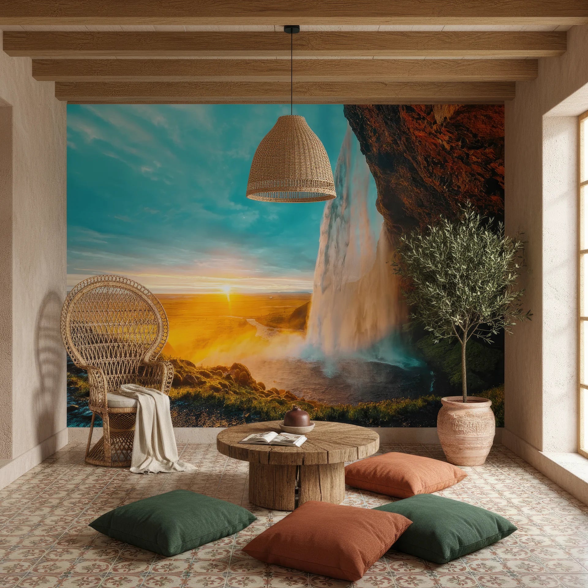Golden sunlight streaming and flowing through landscape removable wall mural
