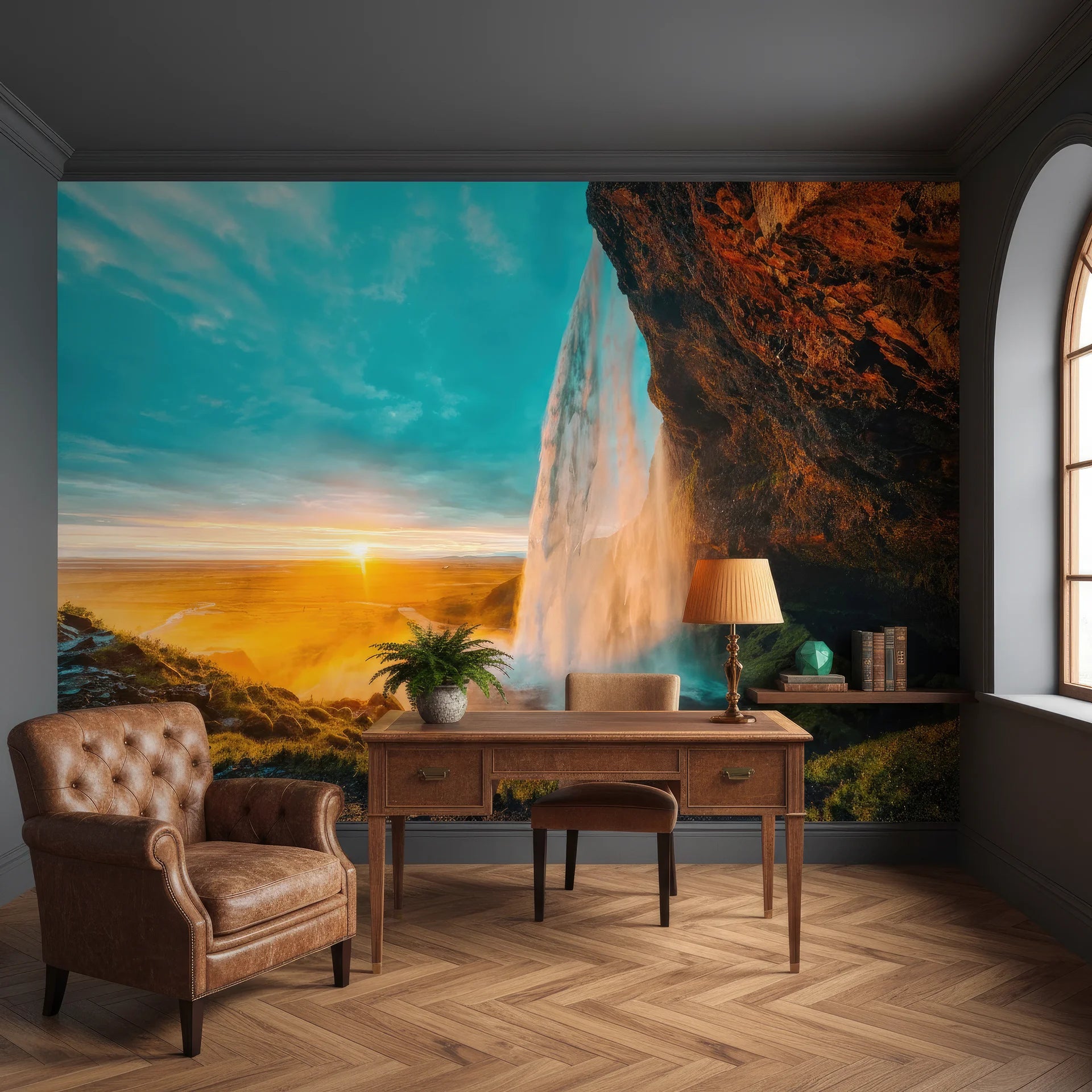 Glowing golden light pouring into natural vista peel and stick wallpaper