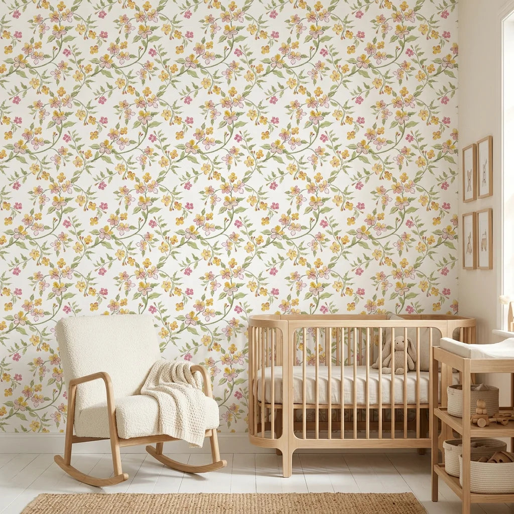 Smooth pastel yellow and pink floral peel and stick wallpaper - Golden Ramble