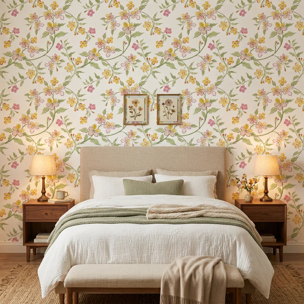 Golden Ramble pastel floral peel and stick wallpaper in a warm and inviting living room