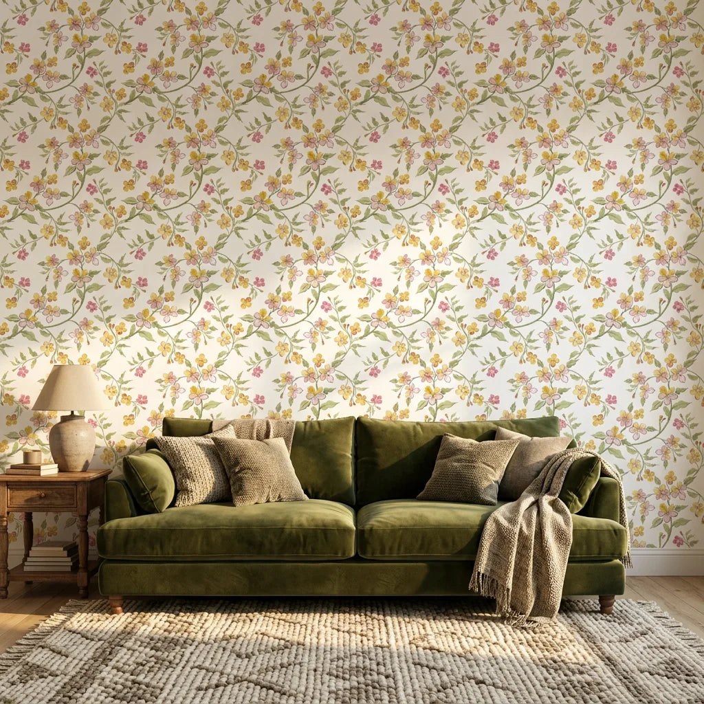 Golden Ramble pastel floral peel and stick wallpaper adding character to a cozy bedroom