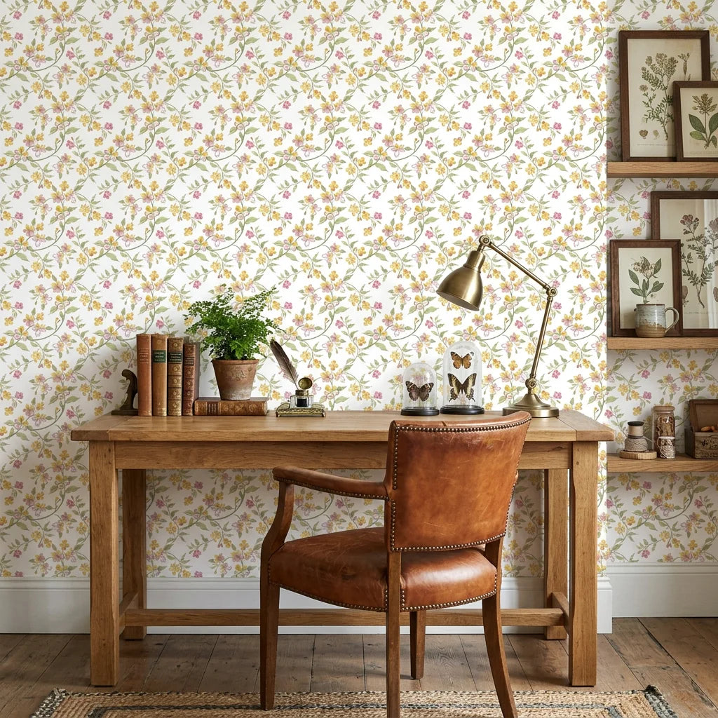 Golden Ramble pastel floral peel and stick wallpaper as a feature wall in a bright home office