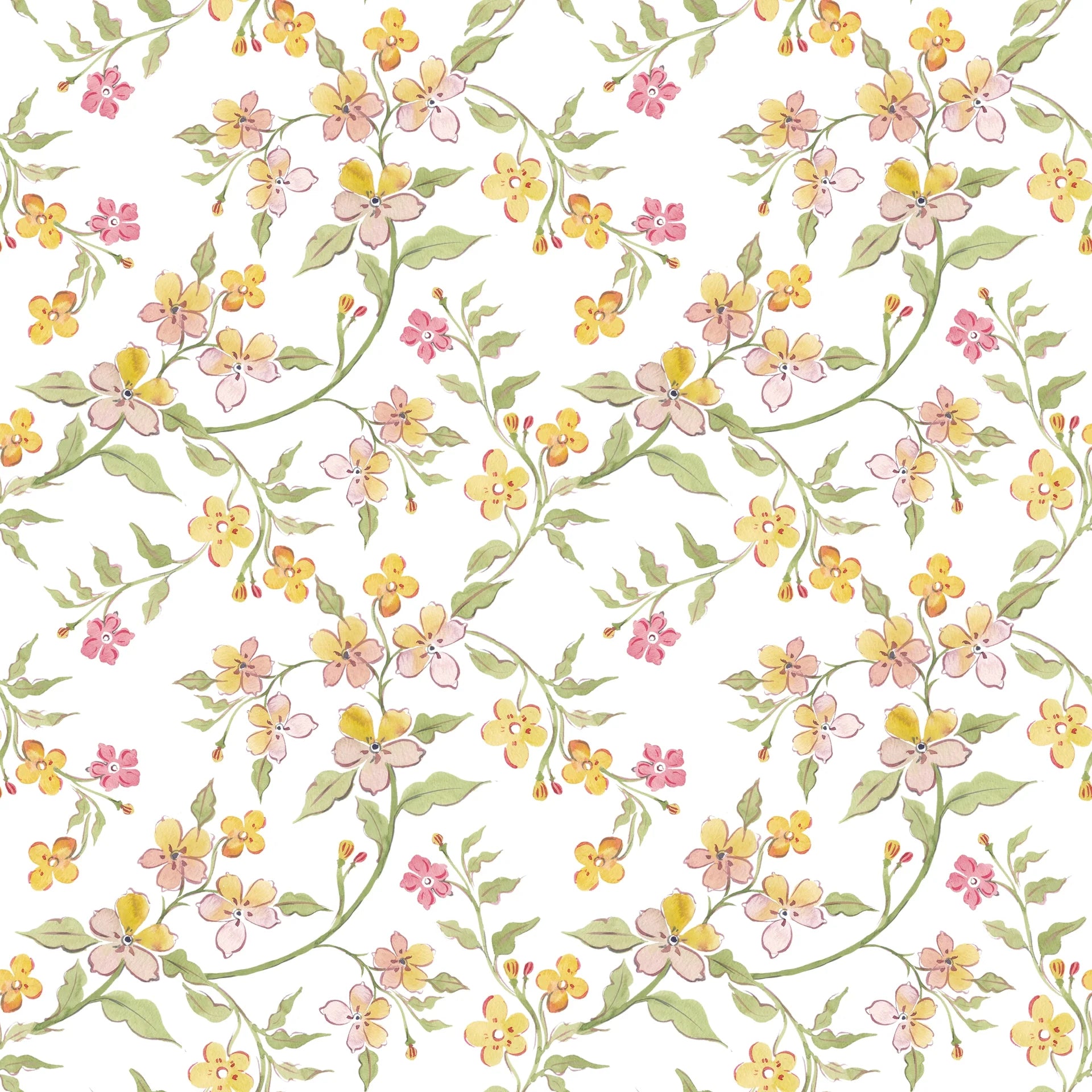 Golden Ramble pastel floral peel and stick wallpaper creating ambiance in a serene bathroom