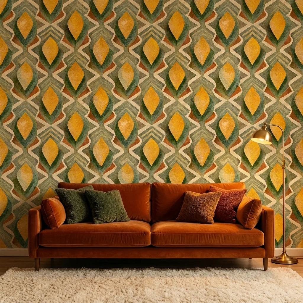 Golden Seed yellow and green organic seed pod wallpaper creating ambiance in a serene bathroom