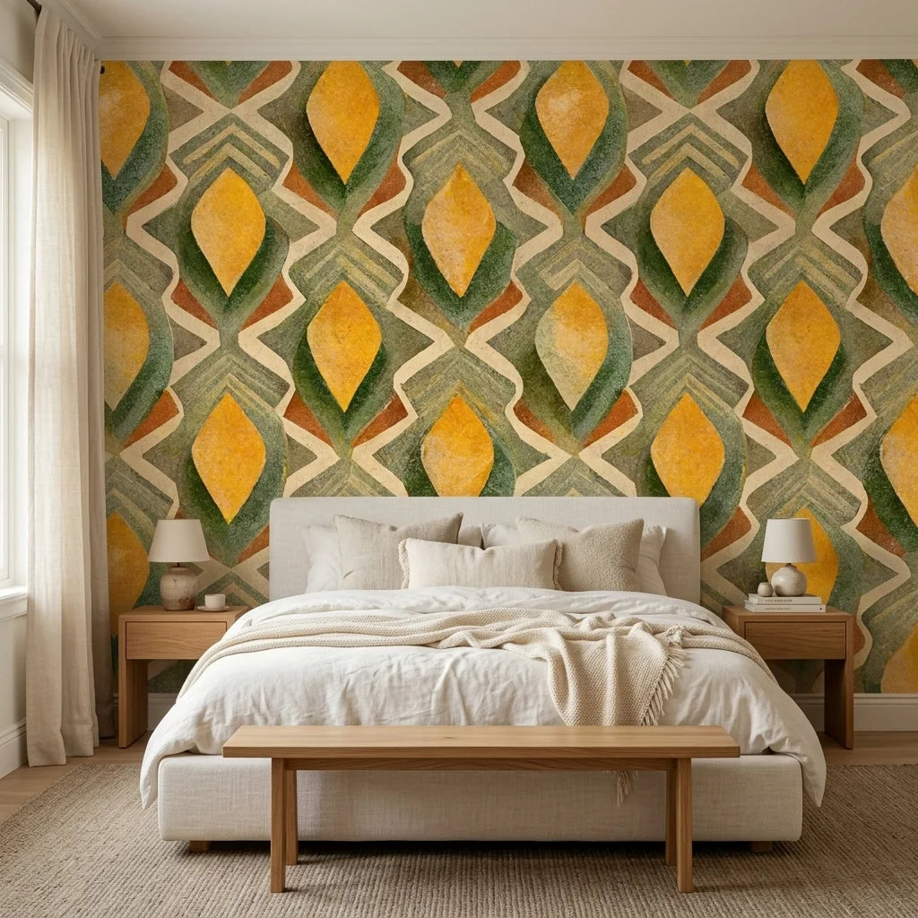 Golden Seed yellow and green organic seed pod wallpaper in a warm and inviting living room