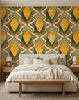 Golden Seed yellow and green organic seed pod wallpaper in a warm and inviting living room
