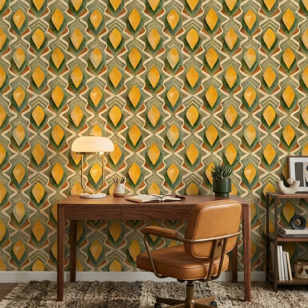 Golden Seed yellow and green organic seed pod wallpaper adding character to a cozy bedroom