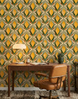 Golden Seed yellow and green organic seed pod wallpaper adding character to a cozy bedroom