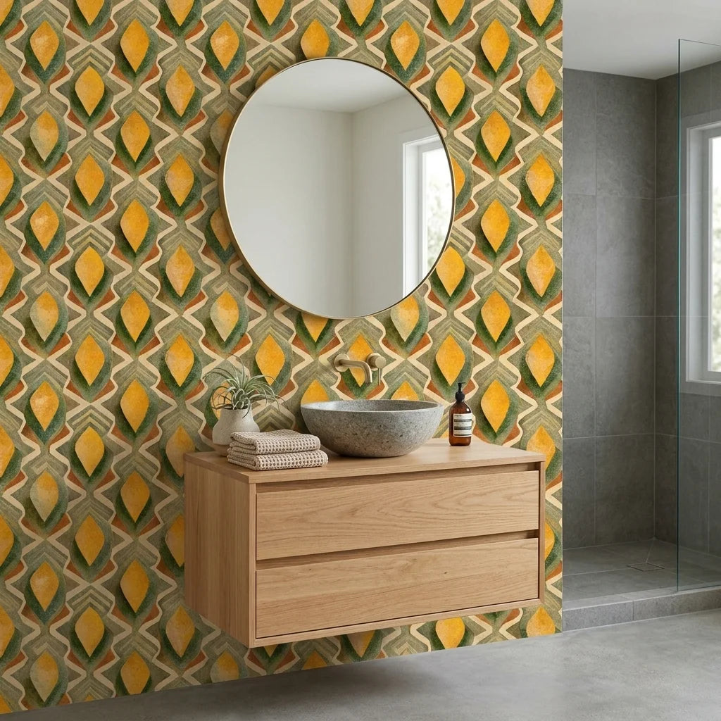 Golden Seed yellow and green organic seed pod wallpaper as a feature wall in a bright home office