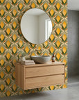 Golden Seed yellow and green organic seed pod wallpaper as a feature wall in a bright home office