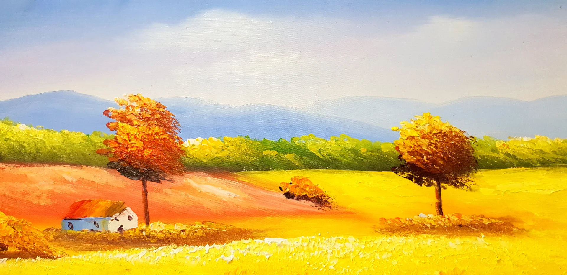 Golden Solitude autumn countryside landscape wallpaper creating ambiance in a serene bathroom
