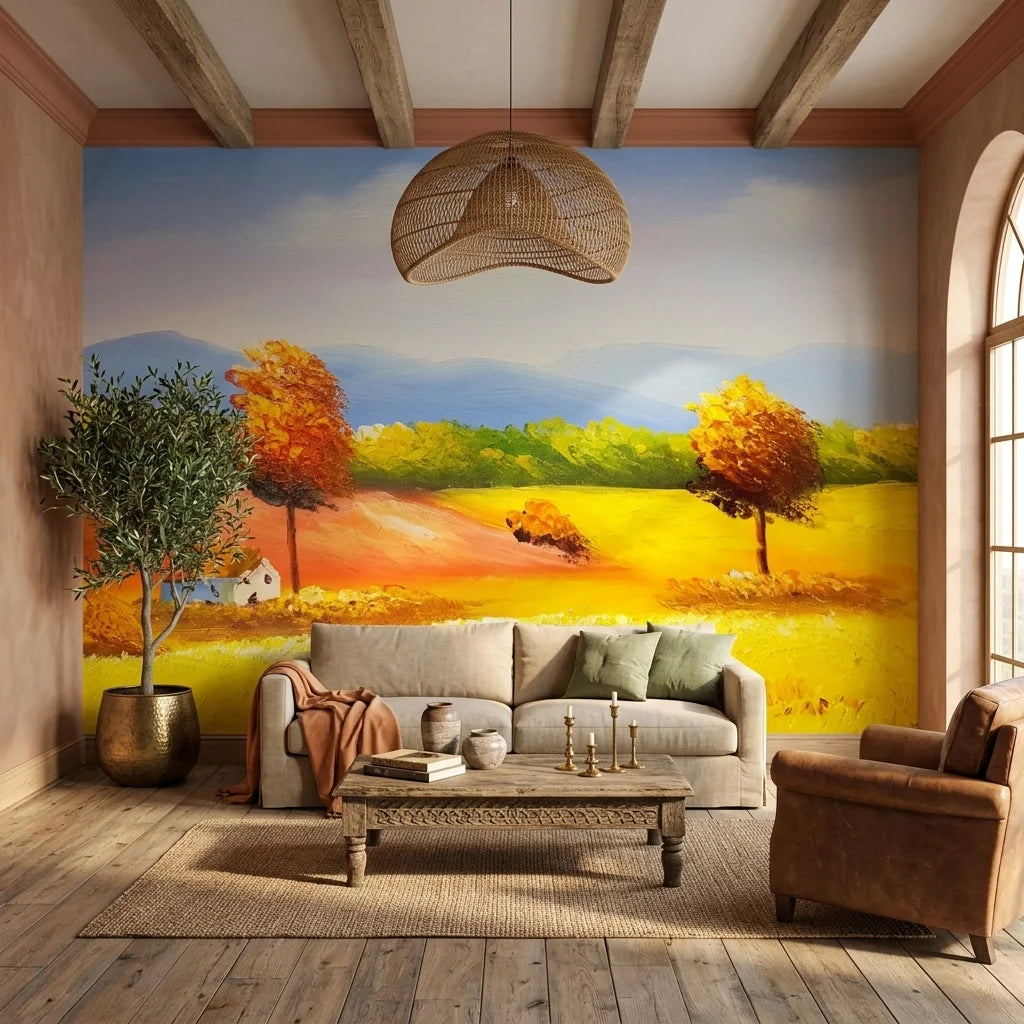 Smooth warm autumn countryside landscape peel and stick wallpaper - Golden Solitude