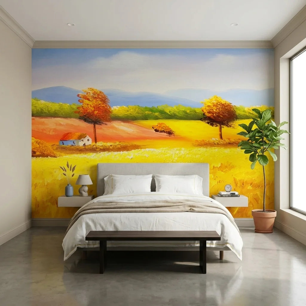 Golden Solitude autumn countryside landscape wallpaper in a warm and inviting living room