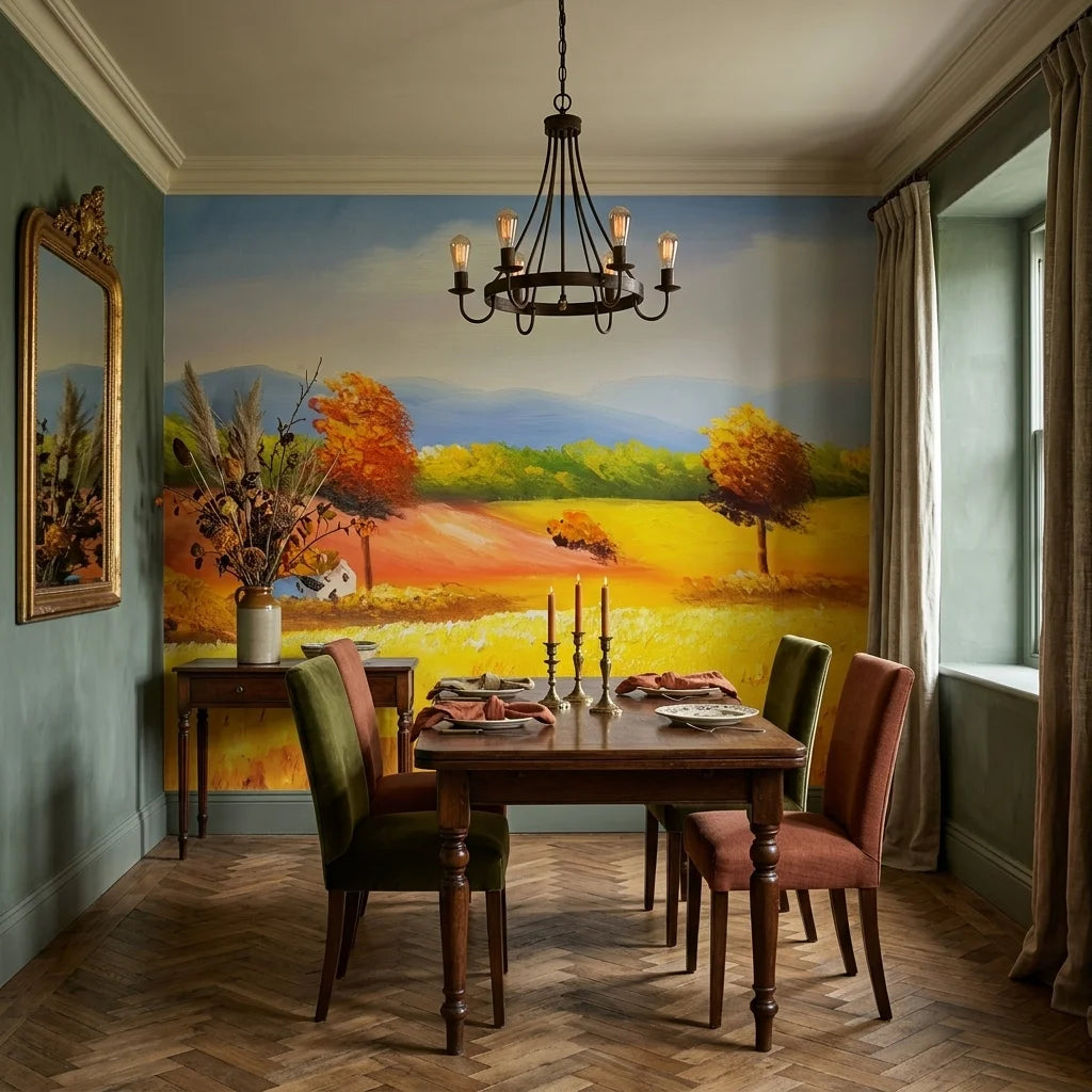 Golden Solitude autumn countryside landscape wallpaper adding character to a cozy bedroom