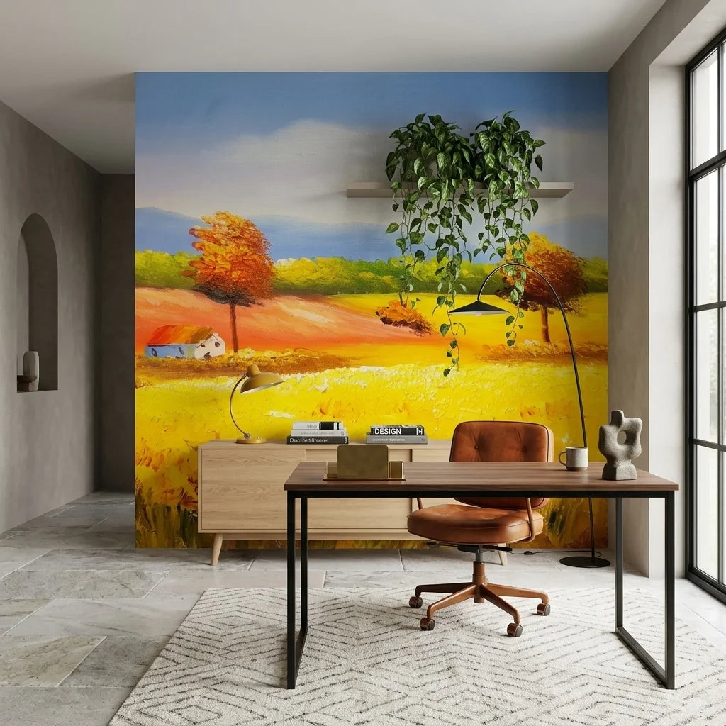 Golden Solitude autumn countryside landscape wallpaper as a feature wall in a bright home office