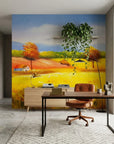 Golden Solitude autumn countryside landscape wallpaper as a feature wall in a bright home office