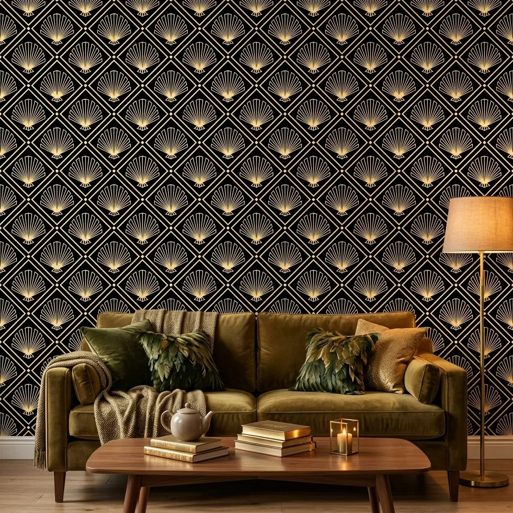 Golden Stage dramatic black and gold art deco fan wallpaper creating ambiance in a serene bathroom
