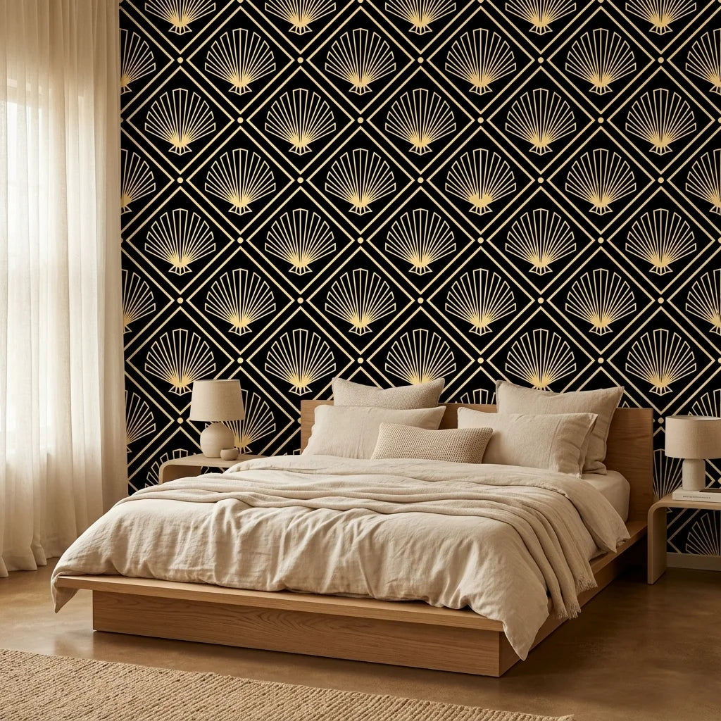 Golden Stage dramatic black and gold art deco fan wallpaper in a warm and inviting living room