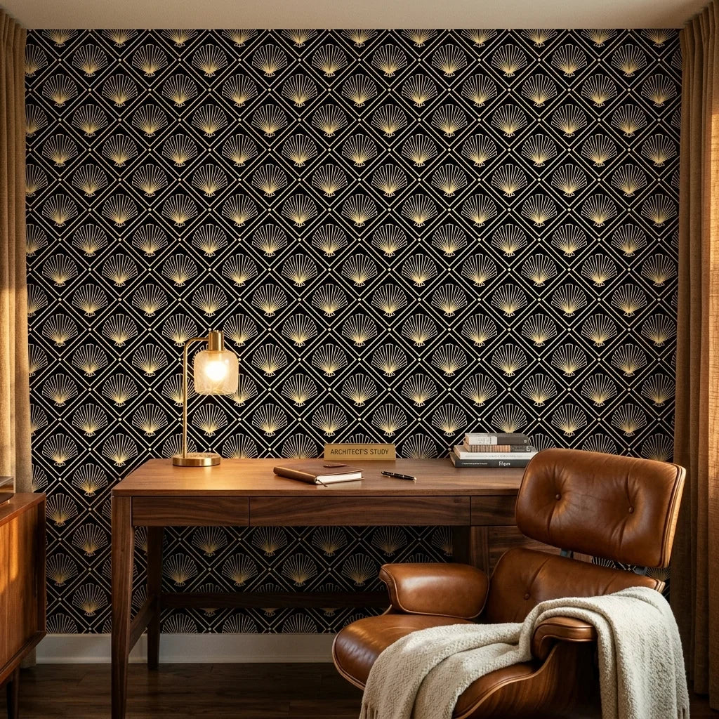 Golden Stage dramatic black and gold art deco fan wallpaper adding character to a cozy bedroom