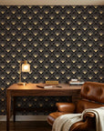 Golden Stage dramatic black and gold art deco fan wallpaper adding character to a cozy bedroom