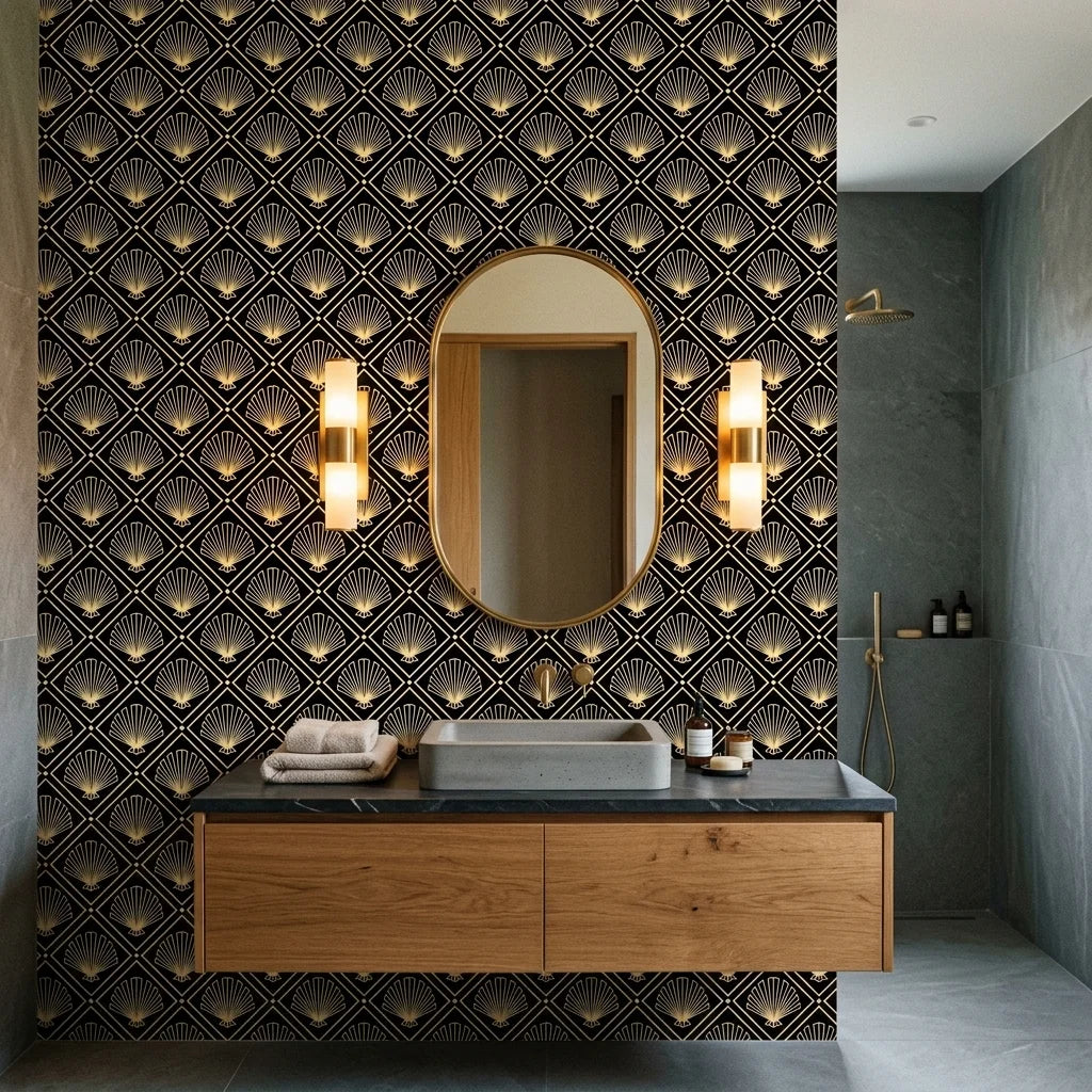 Golden Stage dramatic black and gold art deco fan wallpaper as a feature wall in a bright home office