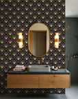 Golden Stage dramatic black and gold art deco fan wallpaper as a feature wall in a bright home office