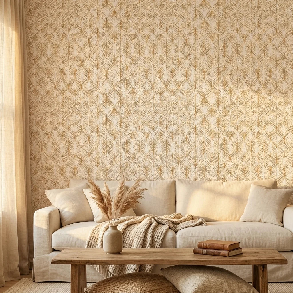 Golden Thatch neutral abstract peel and stick wallpaper in a warm and inviting living room
