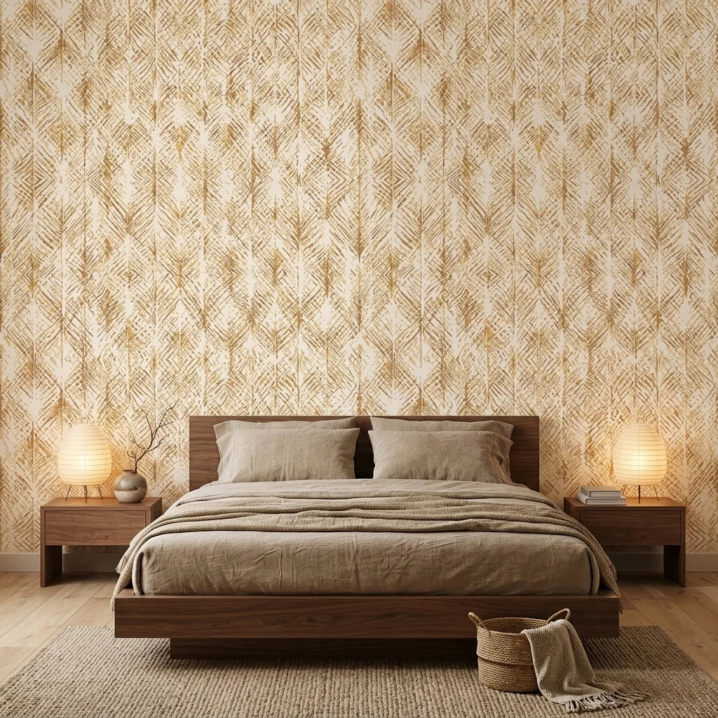 Golden Thatch neutral abstract peel and stick wallpaper adding character to a cozy bedroom