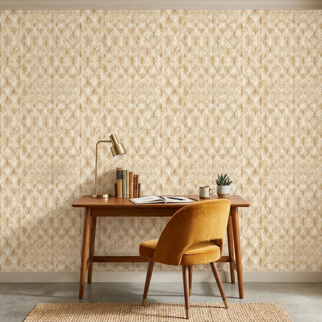 Golden Thatch neutral abstract peel and stick wallpaper as a feature wall in a bright home office