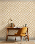 Golden Thatch neutral abstract peel and stick wallpaper as a feature wall in a bright home office