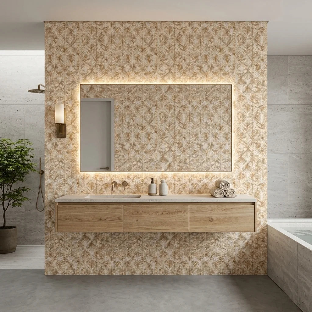 Golden Thatch neutral abstract peel and stick wallpaper creating ambiance in a serene bathroom
