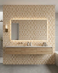 Golden Thatch neutral abstract peel and stick wallpaper creating ambiance in a serene bathroom