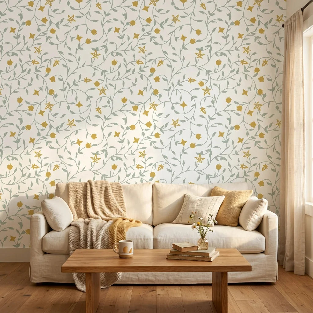 Golden Tulip Vine removable wallpaper with sage green vines and golden yellow flowers in bright living room